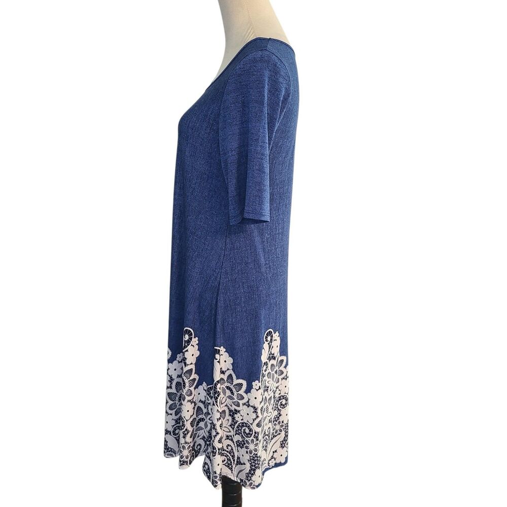 SJS Denim Blue Trapeze Dress L Lace Hem Border Feminne Coastal Cottagecore - Picture 3 of 8